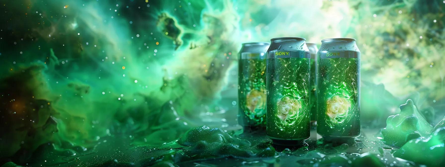 a striking display of anomaly's thc-infused seltzer cans floats against a cosmic backdrop of vibrant green-hued nebulas and swirling galaxies, highlighting the innovative blend of relaxation and bold flavors in a captivating, otherworldly setting. a striking display of anomaly's thc-infused seltzer cans floats against a cosmic backdrop of vibrant green-hued nebulas and swirling galaxies, highlighting the innovative blend of relaxation and bold flavors in a captivating, otherworldly setting.