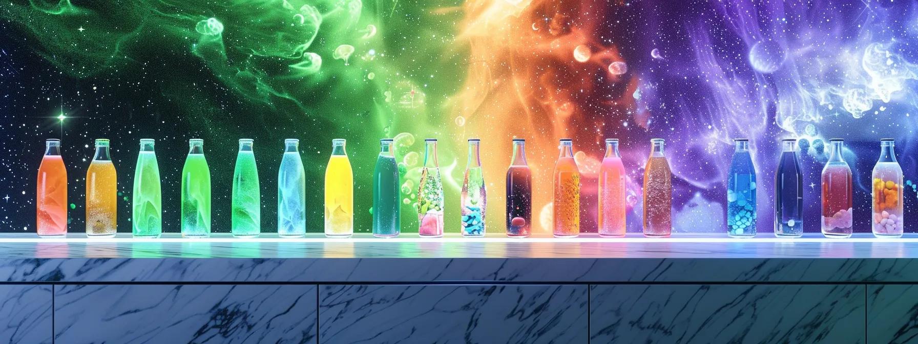 a striking display of anomaly's thc-infused seltzers arranged on a sleek, modern countertop, set against a vibrant cosmic backdrop of swirling green nebulas and planetary systems, illustrating the balance of potency and dosing in this innovative beverage category. a striking display of anomaly's thc-infused seltzers arranged on a sleek, modern countertop, set against a vibrant cosmic backdrop of swirling green nebulas and planetary systems, illustrating the balance of potency and dosing in this innovative beverage category.