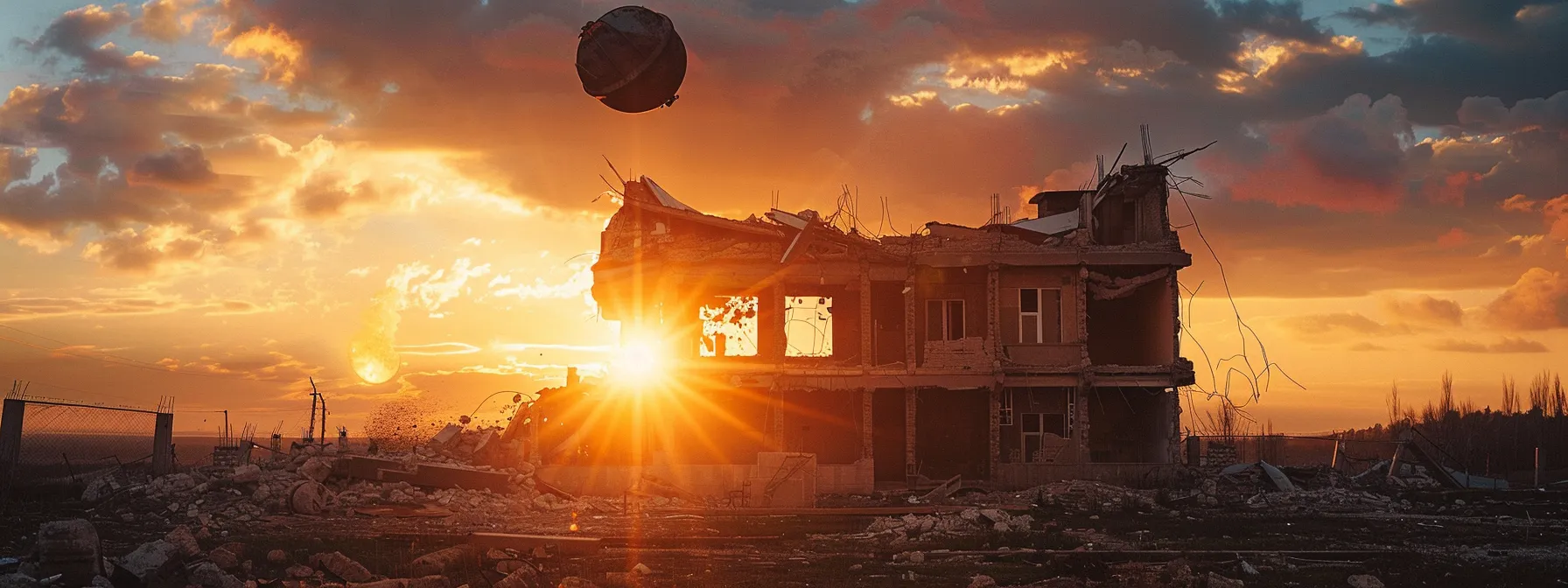 a striking image capturing a residential demolition site bathed in golden sunlight, with a powerful wrecking ball poised above a partially destroyed house, symbolizing the critical balance between progress and safety in urban environments. a striking image capturing a residential demolition site bathed in golden sunlight, with a powerful wrecking ball poised above a partially destroyed house, symbolizing the critical balance between progress and safety in urban environments.