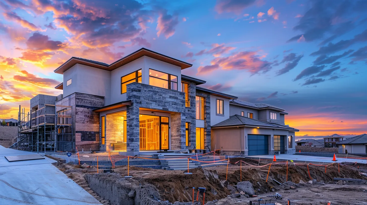 a striking image of a modern custom home being built, showcasing its intricate architectural design amid a vibrant sunset, symbolizing the journey and financing aspects of custom home building. a striking image of a modern custom home being built, showcasing its intricate architectural design amid a vibrant sunset, symbolizing the journey and financing aspects of custom home building.