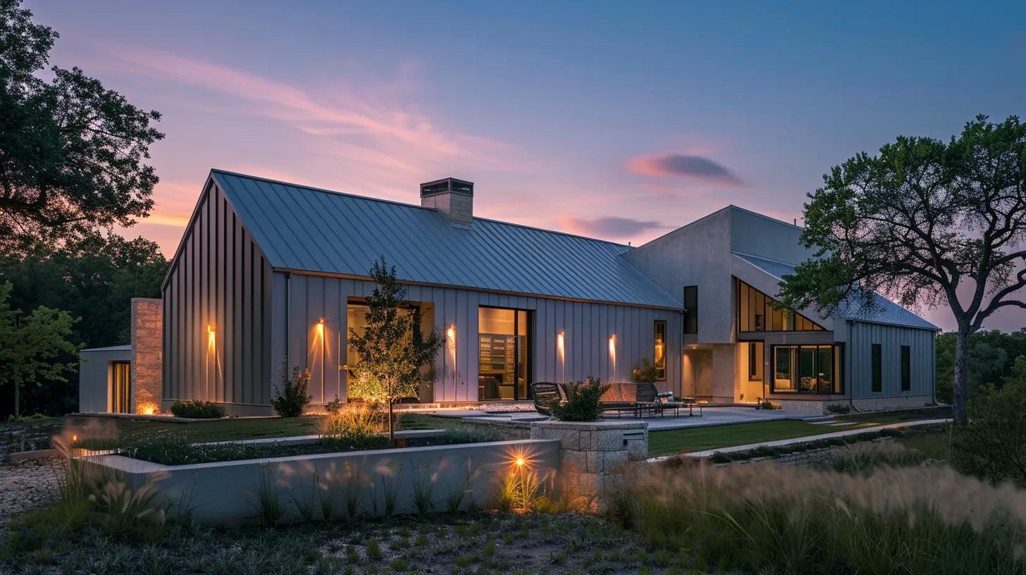 a striking modern home seamlessly integrates sleek reinforced concrete and shiny metal with charming traditional architectural elements, illuminated by warm golden hour light that accentuates its unique blend of styles. a striking modern home seamlessly integrates sleek reinforced concrete and shiny metal with charming traditional architectural elements, illuminated by warm golden hour light that accentuates its unique blend of styles.