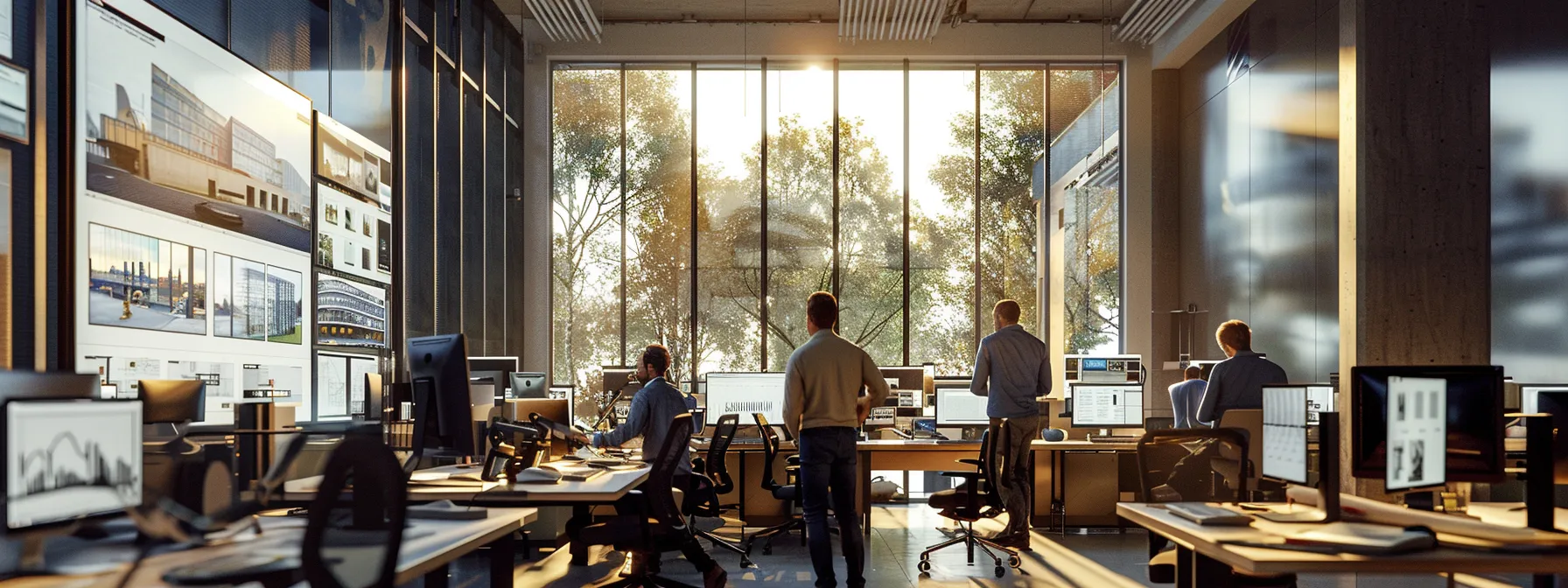 a striking, realistic photograph captures a vibrant architectural workspace, showcasing high-quality renderings on digital screens, with collaborative professionals engaged in dynamic discussions illuminated by soft, natural light.