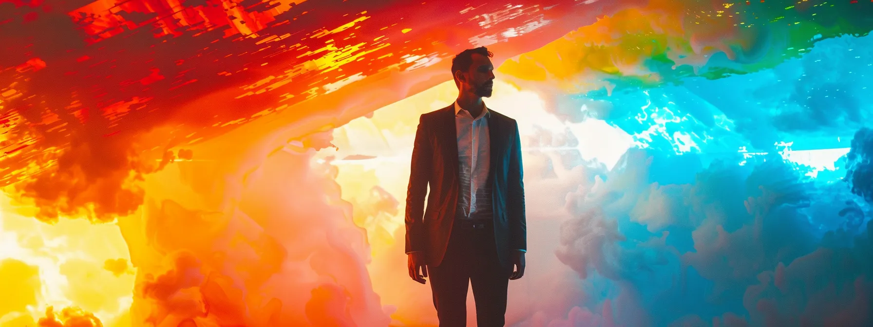 a striking scene captures a confident professional standing amidst a vibrant digital landscape, symbolizing the power of online reputation management through seo strategies, with dynamic visuals of positive testimonials and social media engagement swirling around them.