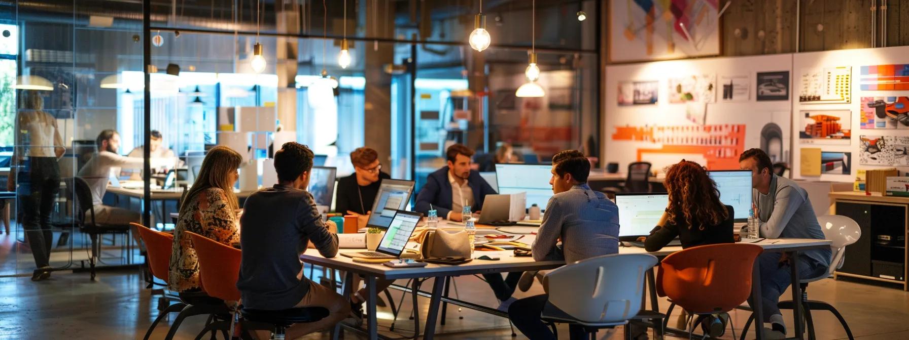 a striking urban office space showcases a group of diverse architects engaged in a dynamic brainstorming session around a sleek modern table, illuminated by ambient lighting that highlights architectural blueprints and digital mock-ups displayed on large monitors.