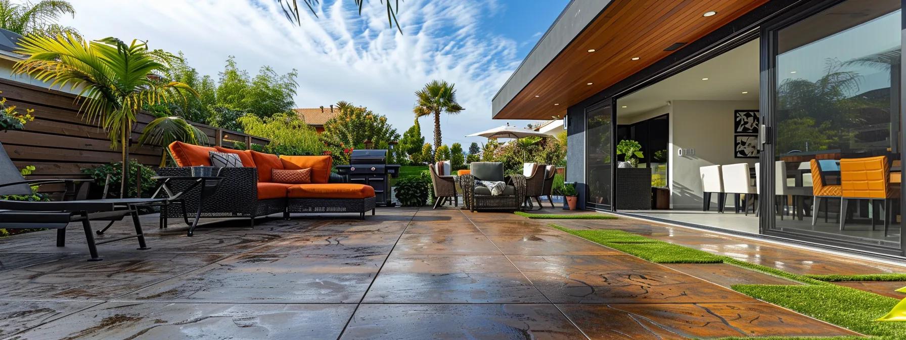 a striking urban patio featuring expertly designed stamped concrete patterns, showcasing vibrant textures and colors that enhance the appeal of a contemporary sacramento home, with clear blue skies and urban architecture setting an inviting atmosphere for potential buyers.