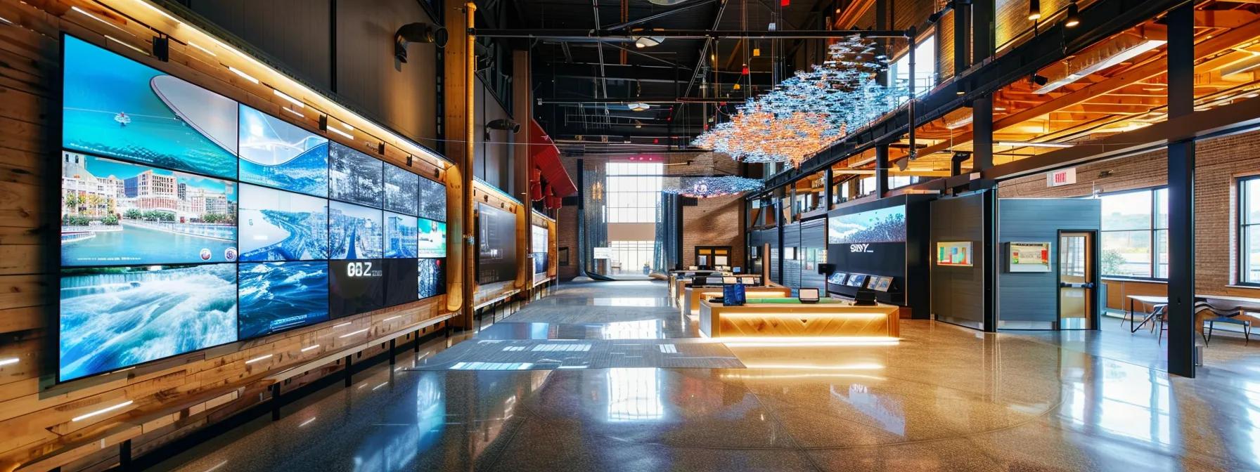 a striking urban scene featuring a modern architecture studio filled with detailed blueprints and digital screens displaying dynamic river flow simulations, highlighting the seasonal considerations for paddling in chattanooga.