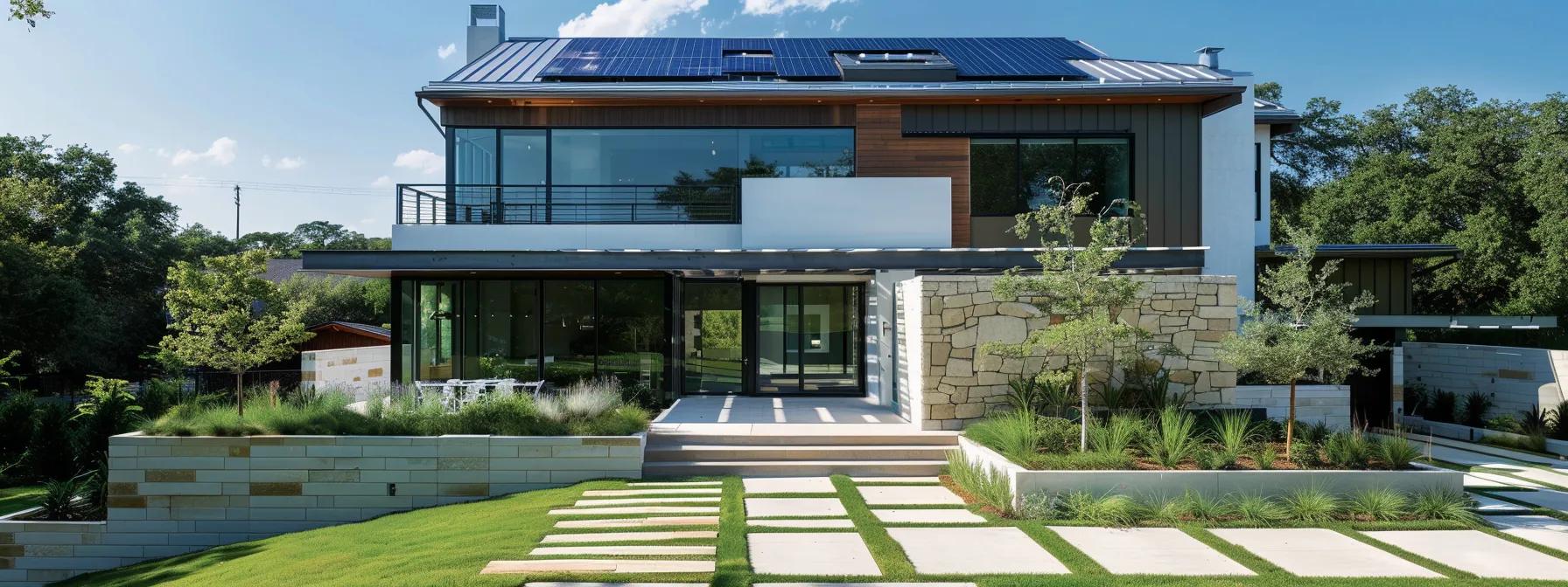 a striking urban scene showcases an innovative eco-friendly home in austin, featuring sleek architectural lines, solar panels gleaming on the roof, and a seamless integration of sustainable materials that highlight the city's commitment to cutting-edge green design. a striking urban scene showcases an innovative eco-friendly home in austin, featuring sleek architectural lines, solar panels gleaming on the roof, and a seamless integration of sustainable materials that highlight the city's commitment to cutting-edge green design.