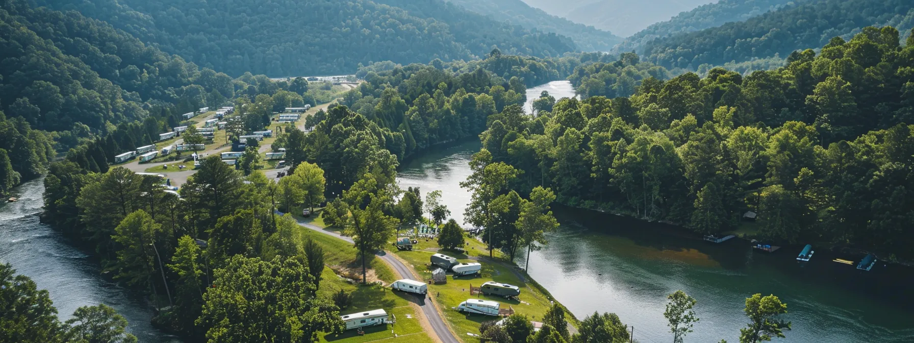 a stunning aerial view of lush rv parks nestled along the vibrant ocoee river, showcasing their scenic surroundings and inviting amenities, perfect for rafting enthusiasts seeking adventure in nature.