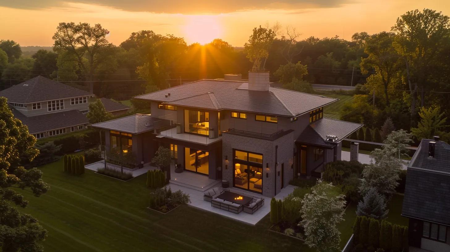 a stunning aerial view of a modern custom dream home, showcasing its unique architectural features and lush surroundings, bathed in warm golden light during sunset. a stunning aerial view of a modern custom dream home, showcasing its unique architectural features and lush surroundings, bathed in warm golden light during sunset.