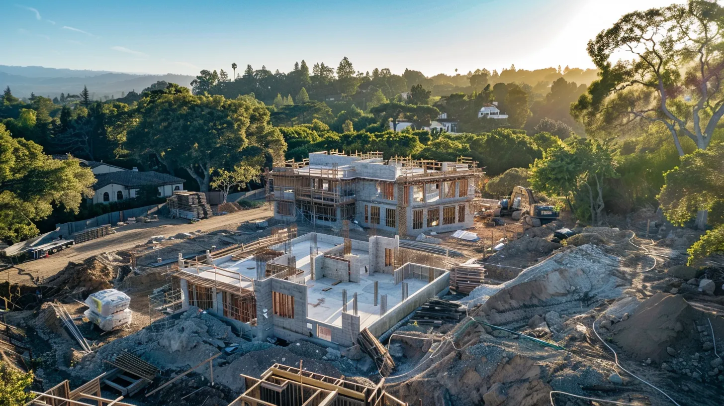 a stunning aerial view of a custom home under construction, showcasing intricate framing against a backdrop of lush greenery and clear blue skies, emphasizing the financial journey of building a dream home. a stunning aerial view of a custom home under construction, showcasing intricate framing against a backdrop of lush greenery and clear blue skies, emphasizing the financial journey of building a dream home.