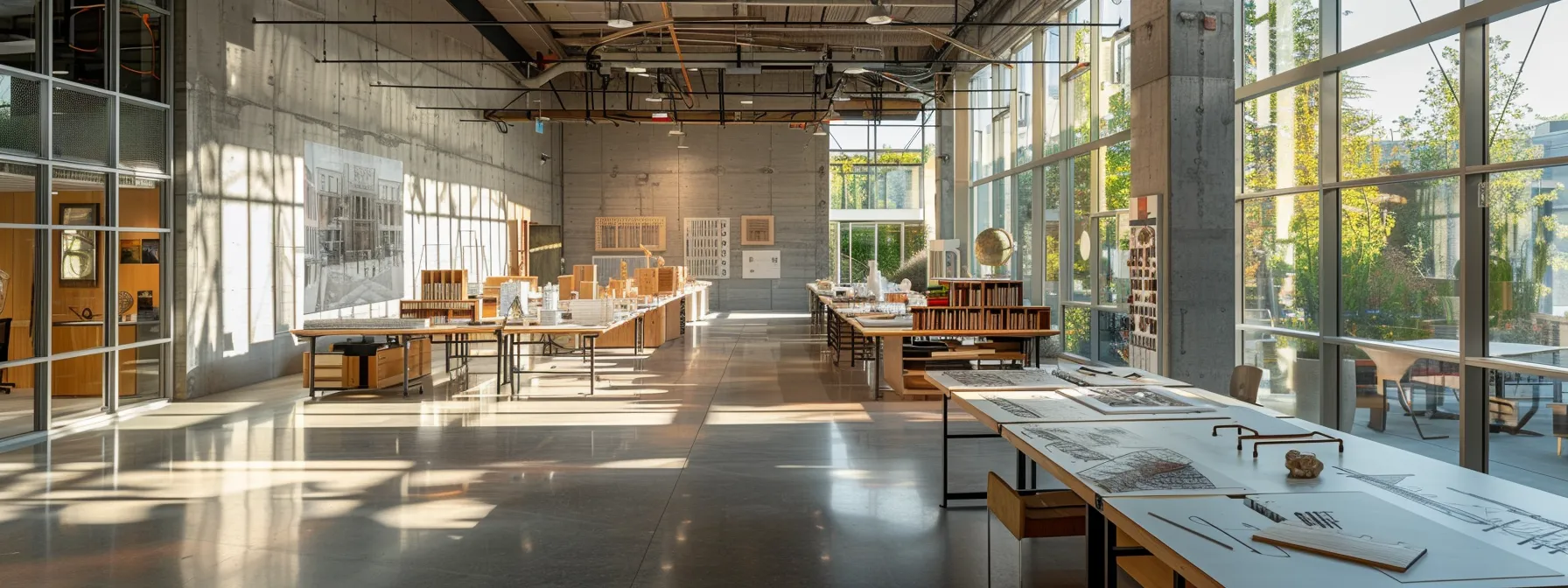 a stunning architectural studio filled with natural light, showcasing intricate design models and vibrant sketches on the walls, embodies the essence of creativity and academic exploration in architecture.