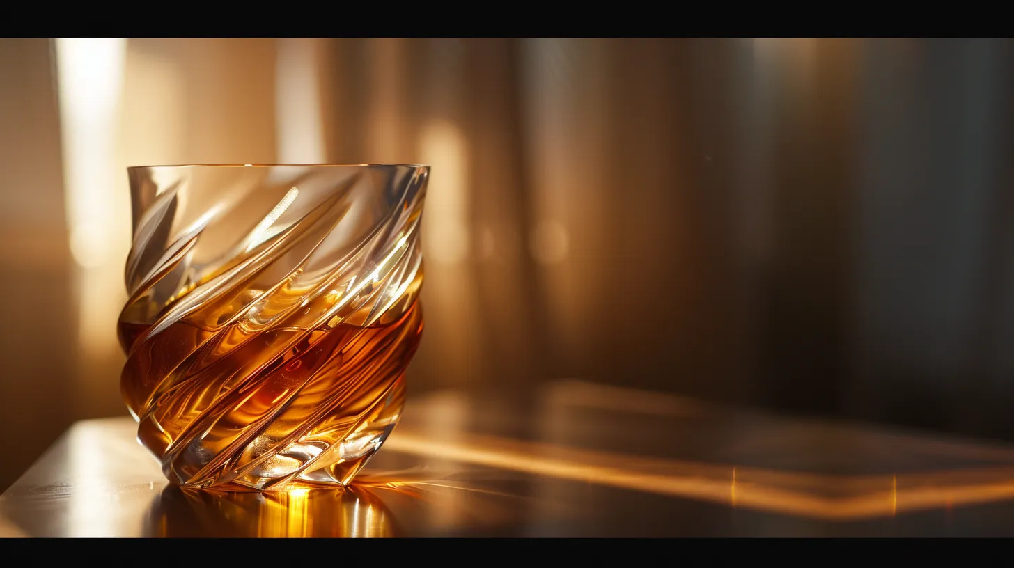 a stunning close-up of a perfectly aged glenfiddich 14 whisky glass, showcasing its rich amber hue and swirling complexity, set against a softly lit backdrop that emphasizes its luxurious essence.