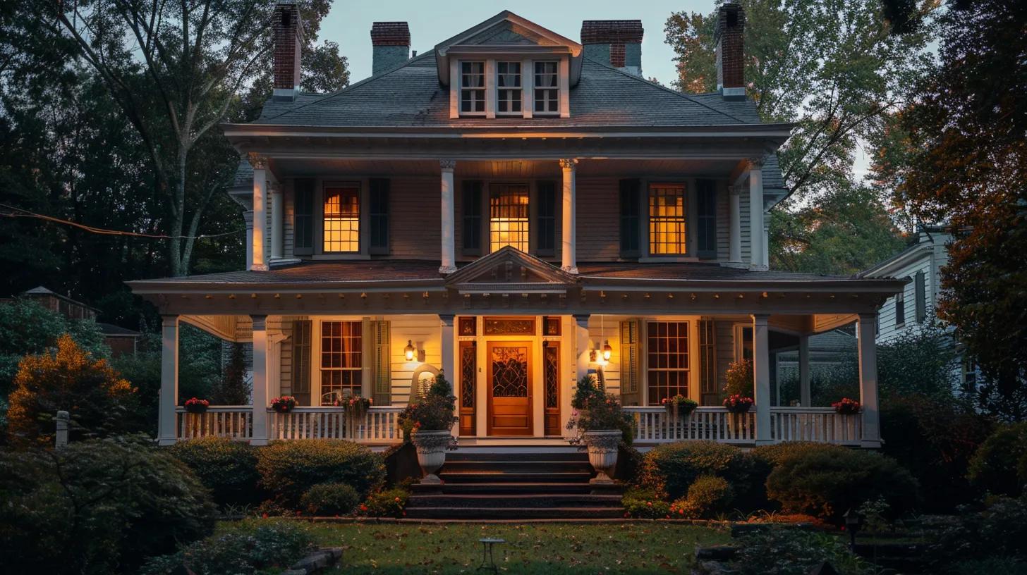 a stunning colonial-style home with a symmetrical facade, steep roof, and an inviting porch bathed in golden afternoon light, showcasing the elegant charm of classic architecture. a stunning colonial-style home with a symmetrical facade, steep roof, and an inviting porch bathed in golden afternoon light, showcasing the elegant charm of classic architecture.