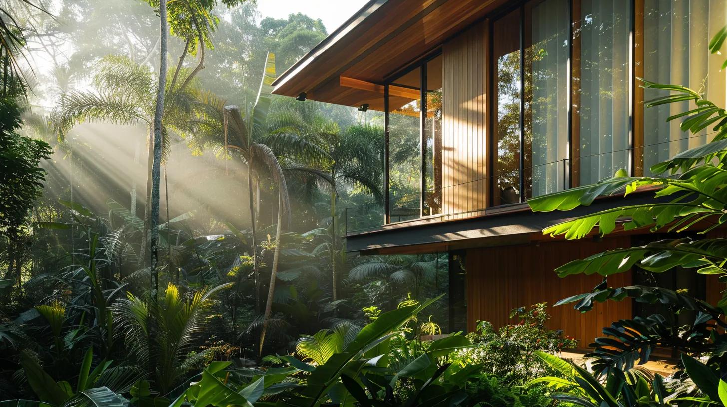 a stunning contemporary home showcases eco-friendly features like reclaimed wood siding and expansive windows, illuminated by natural sunlight streaming through lush surrounding greenery, emphasizing the harmony between sustainable architecture and the environment. a stunning contemporary home showcases eco-friendly features like reclaimed wood siding and expansive windows, illuminated by natural sunlight streaming through lush surrounding greenery, emphasizing the harmony between sustainable architecture and the environment.