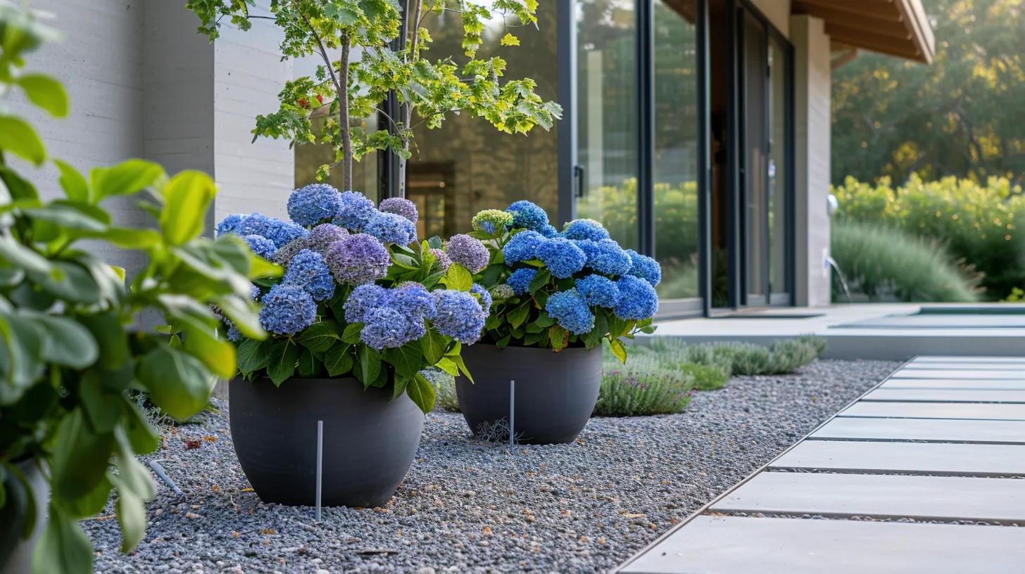 a stunning contemporary landscape features a harmonious blend of vibrant hydrangeas and elegantly arranged gravel, showcasing a captivating color palette that enhances the beauty of a modern residential space. a stunning contemporary landscape features a harmonious blend of vibrant hydrangeas and elegantly arranged gravel, showcasing a captivating color palette that enhances the beauty of a modern residential space.