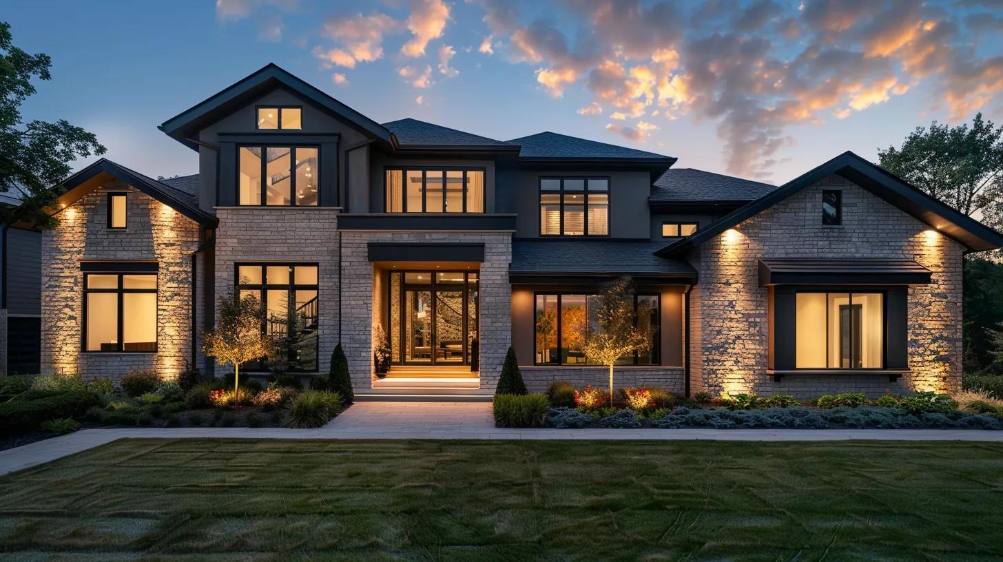 a stunning custom home showcasing a harmonious blend of modern and traditional architectural styles, with elegant materials and energy-efficient design elements prominently displayed in soft, natural lighting. a stunning custom home showcasing a harmonious blend of modern and traditional architectural styles, with elegant materials and energy-efficient design elements prominently displayed in soft, natural lighting.