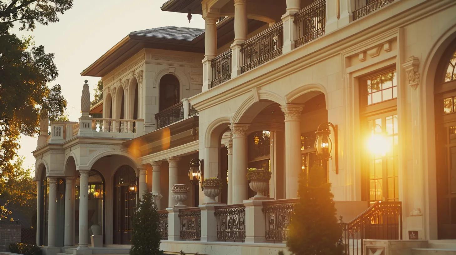 a stunning exterior view of a custom-built home showcases exquisite craftsmanship and unique architectural details, bathed in warm, golden afternoon light that highlights its elegant design. a stunning exterior view of a custom-built home showcases exquisite craftsmanship and unique architectural details, bathed in warm, golden afternoon light that highlights its elegant design.