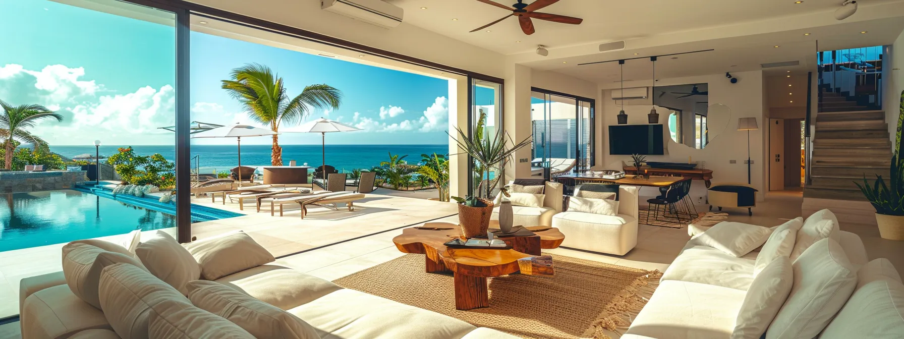 a stunning interior shot of a luxury airbnb rental, showcasing bright, modern decor with plush furnishings, stylish coastal accents, and a sunlit terrace, perfectly embodying a high-end vacation vibe ideal for targeted facebook marketing.