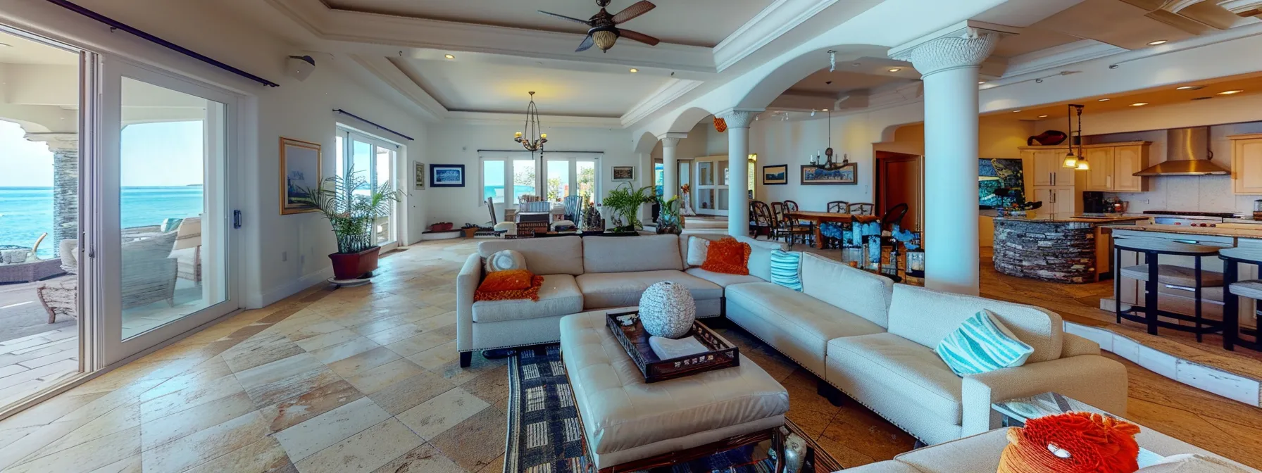 a stunning interior shot of a luxury coastal airbnb, showcasing bright, modern decor with hotel-quality finishes, where meticulous attention to detail highlights the challenges of short-term rental management amidst an inviting, vibrant atmosphere.