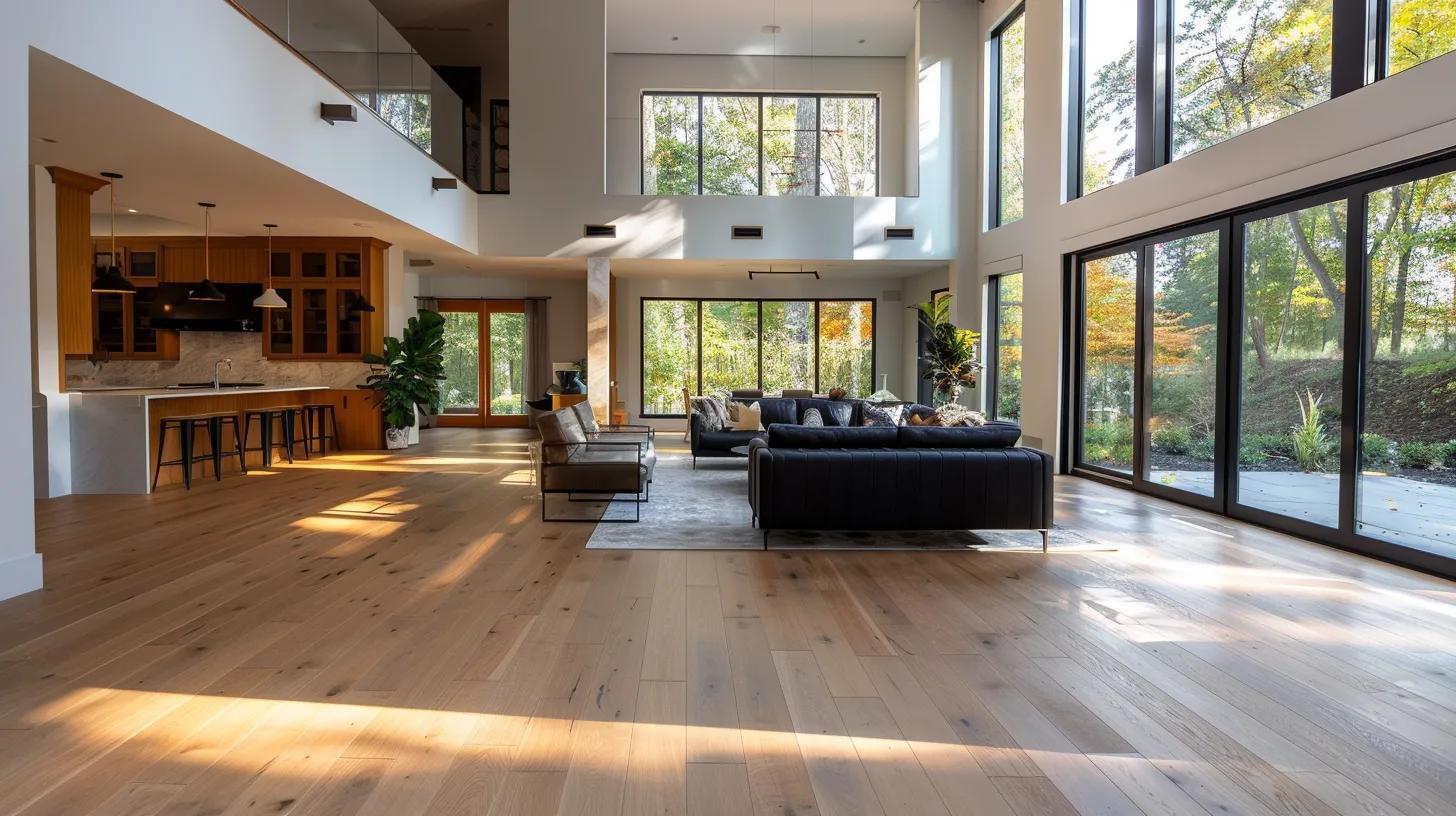 a stunning interior showcasing a harmonious blend of premium hardwood flooring and sleek designer tiles, illuminated by natural light streaming through large windows, highlighting the elegance of sustainable materials in a modern custom home. a stunning interior showcasing a harmonious blend of premium hardwood flooring and sleek designer tiles, illuminated by natural light streaming through large windows, highlighting the elegance of sustainable materials in a modern custom home.
