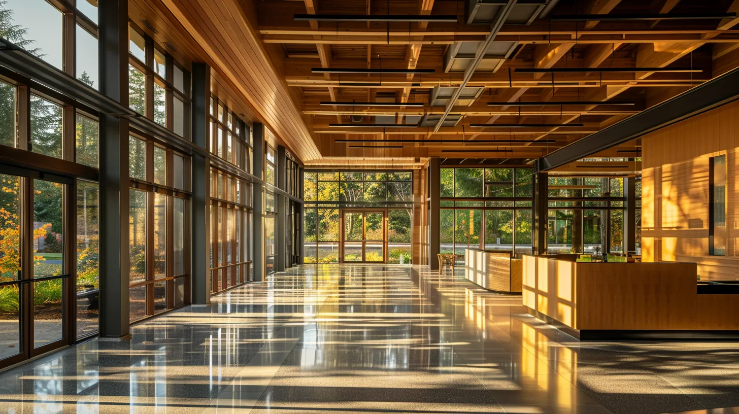 a stunning interior space showcases a harmonious blend of modern wood, sleek metal, and textured stone materials, illuminated by warm, natural sunlight filtering through large windows, highlighting the beauty of thoughtful home renovation.