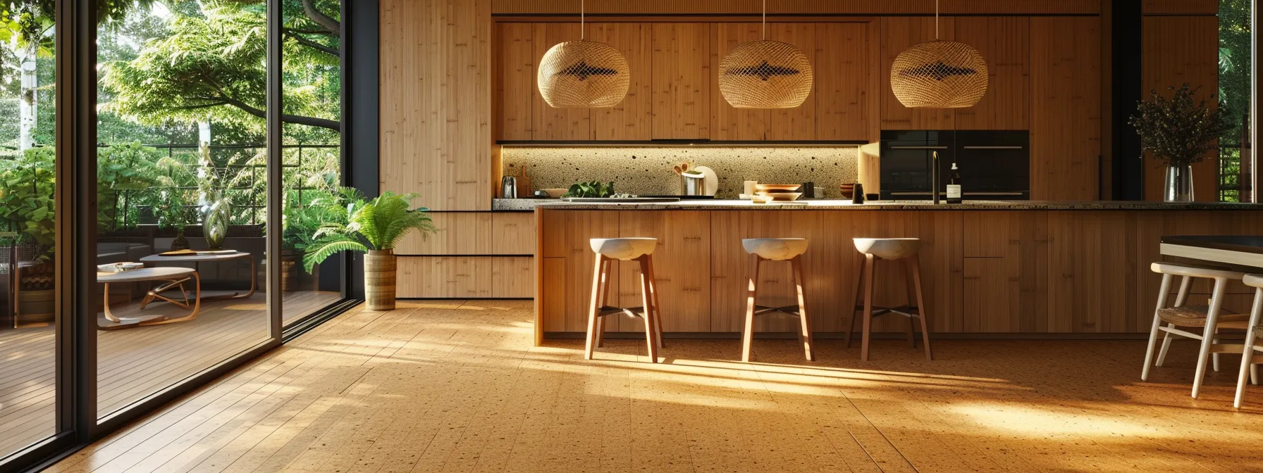 a stunning kitchen showcasing eco-friendly flooring options, featuring rich, natural materials like bamboo and cork under warm, inviting light that highlights the sustainable design ethos and complements a modern aesthetic. a stunning kitchen showcasing eco-friendly flooring options, featuring rich, natural materials like bamboo and cork under warm, inviting light that highlights the sustainable design ethos and complements a modern aesthetic.