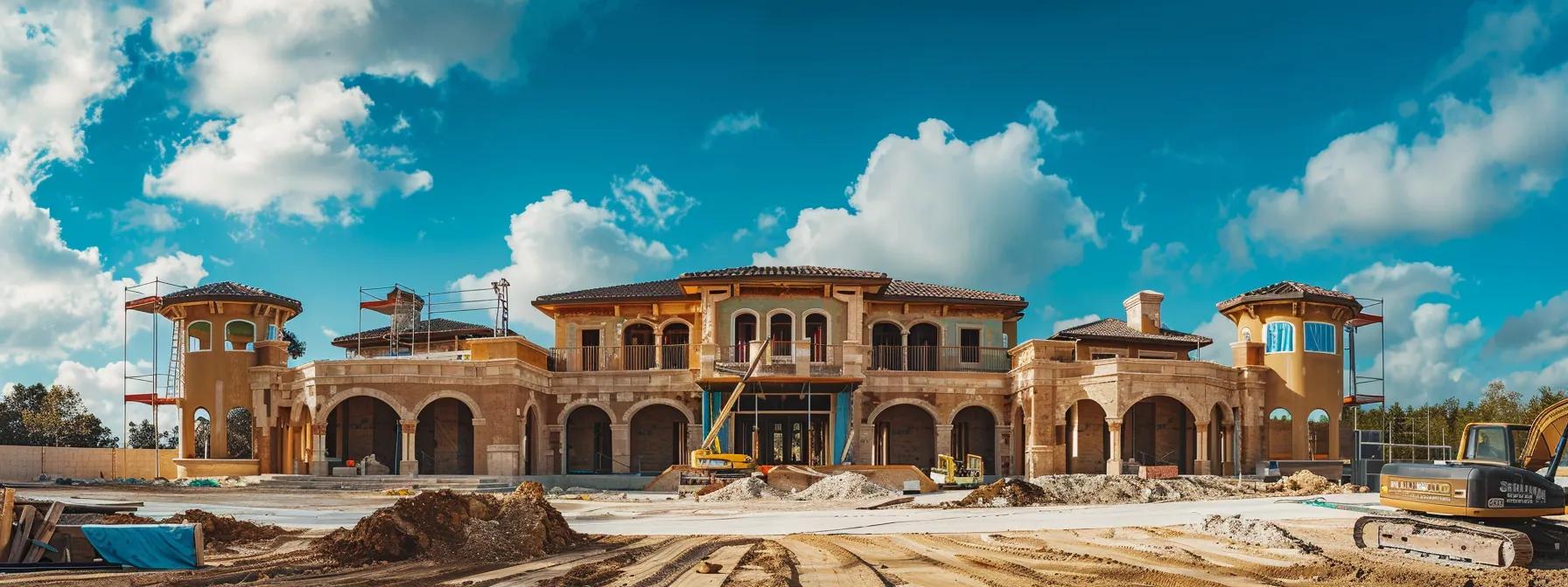 a stunning luxury home under construction, showcasing a skilled builder carefully inspecting the intricate, elegant architectural details against a backdrop of vibrant blue skies. a stunning luxury home under construction, showcasing a skilled builder carefully inspecting the intricate, elegant architectural details against a backdrop of vibrant blue skies.