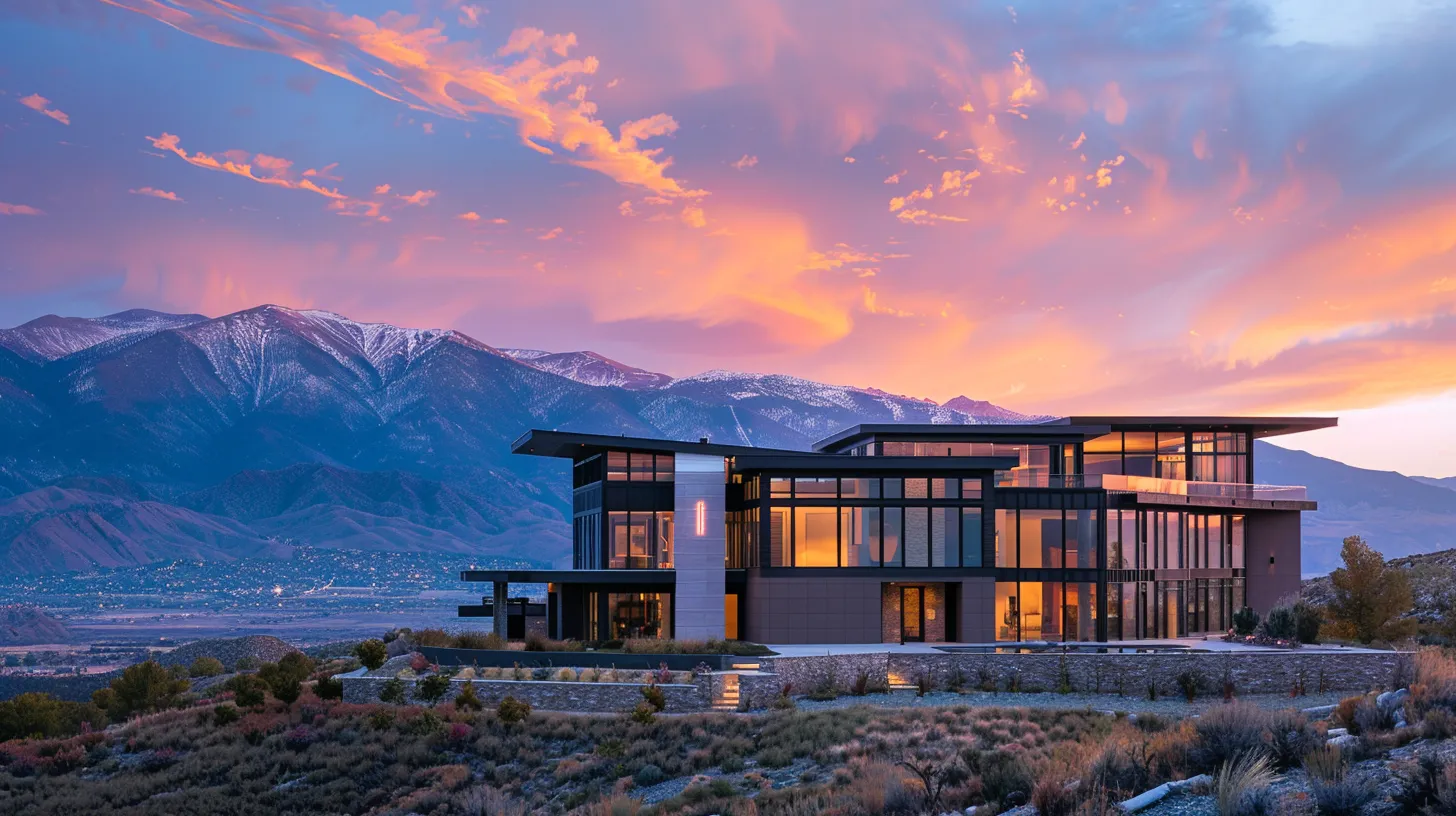 a stunning modern custom home nestled in the picturesque utah landscape, showcasing elegant architectural details and resilient design features against a backdrop of majestic mountains during golden hour light. a stunning modern custom home nestled in the picturesque utah landscape, showcasing elegant architectural details and resilient design features against a backdrop of majestic mountains during golden hour light.