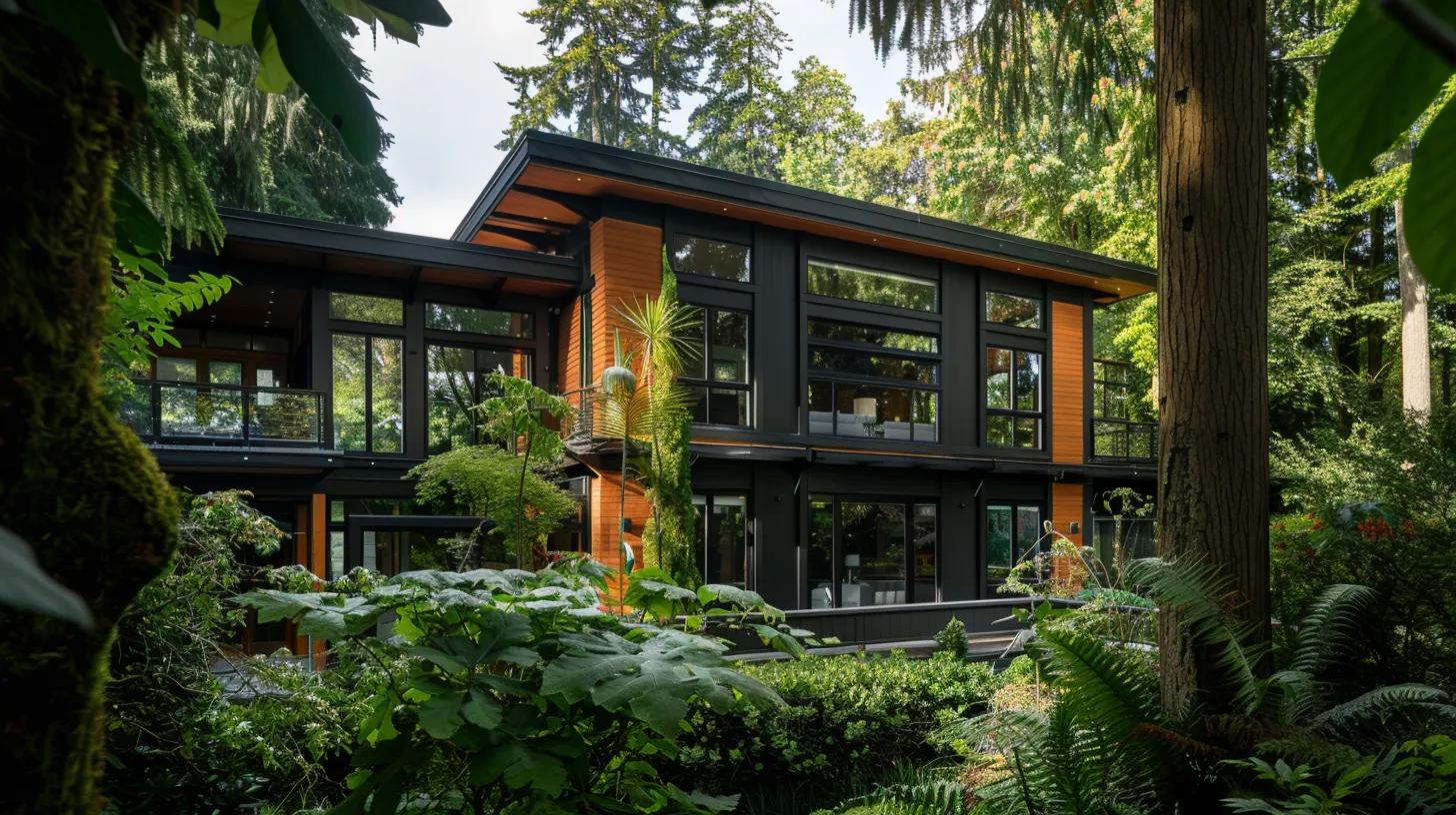 a stunning, modern custom home with sleek architectural lines and expansive windows, surrounded by lush greenery, showcasing its energy-efficient design and high-quality materials that reflect innovative craftsmanship and personalized style. a stunning, modern custom home with sleek architectural lines and expansive windows, surrounded by lush greenery, showcasing its energy-efficient design and high-quality materials that reflect innovative craftsmanship and personalized style.