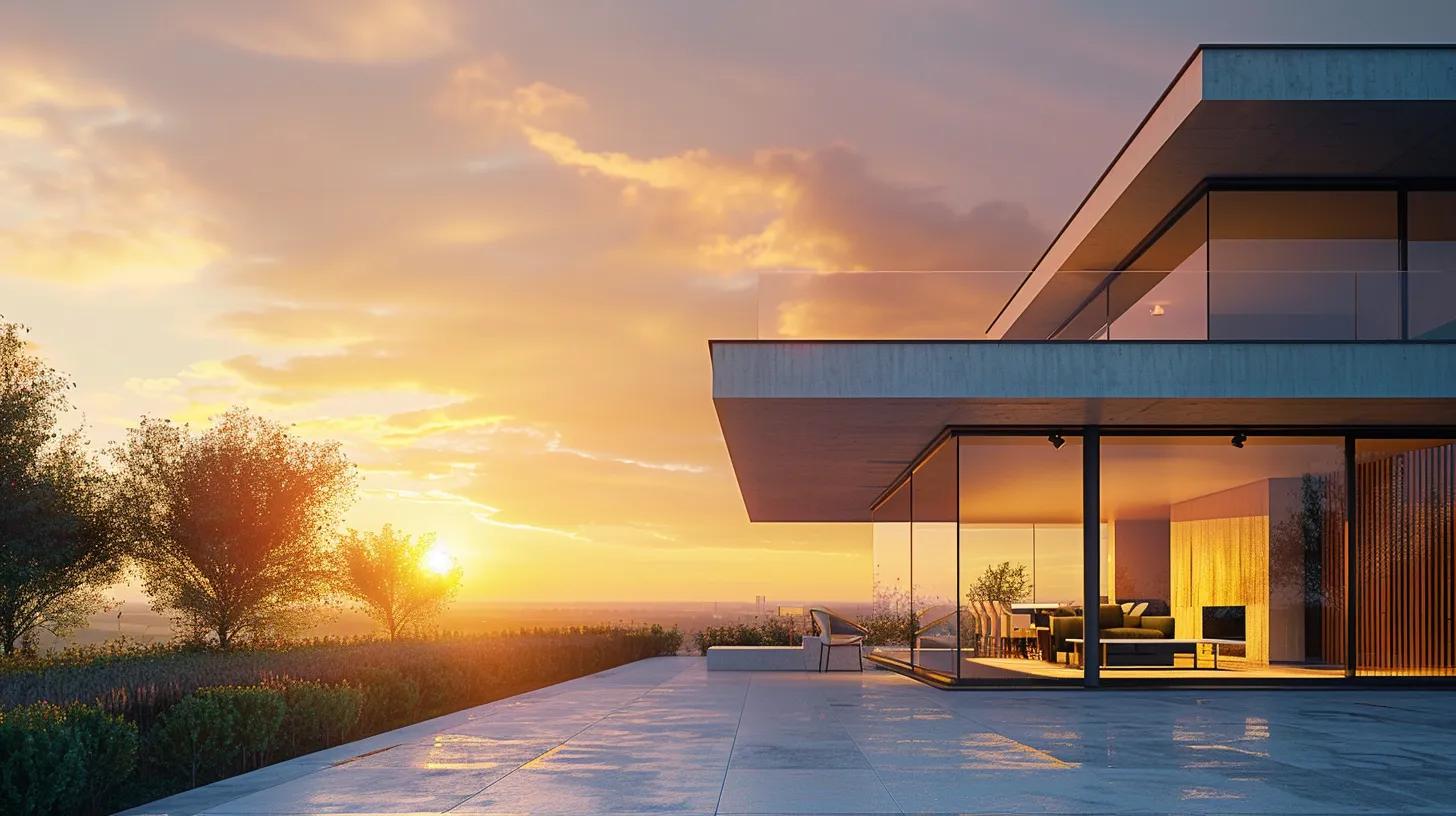 a stunning modern custom home with sleek lines and large windows showcases luxurious smart technology features, set against a vibrant sunset, symbolizing the pinnacle of investment and market appeal. a stunning modern custom home with sleek lines and large windows showcases luxurious smart technology features, set against a vibrant sunset, symbolizing the pinnacle of investment and market appeal.