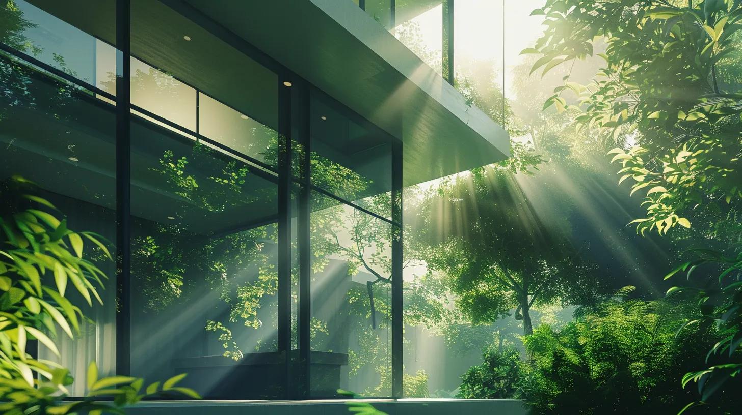 a stunning modern home showcases a sleek glass facade with clean lines and a unique asymmetrical roof, illuminated by soft, warm sunlight that enhances the minimalist aesthetic against a backdrop of lush greenery. a stunning modern home showcases a sleek glass facade with clean lines and a unique asymmetrical roof, illuminated by soft, warm sunlight that enhances the minimalist aesthetic against a backdrop of lush greenery.