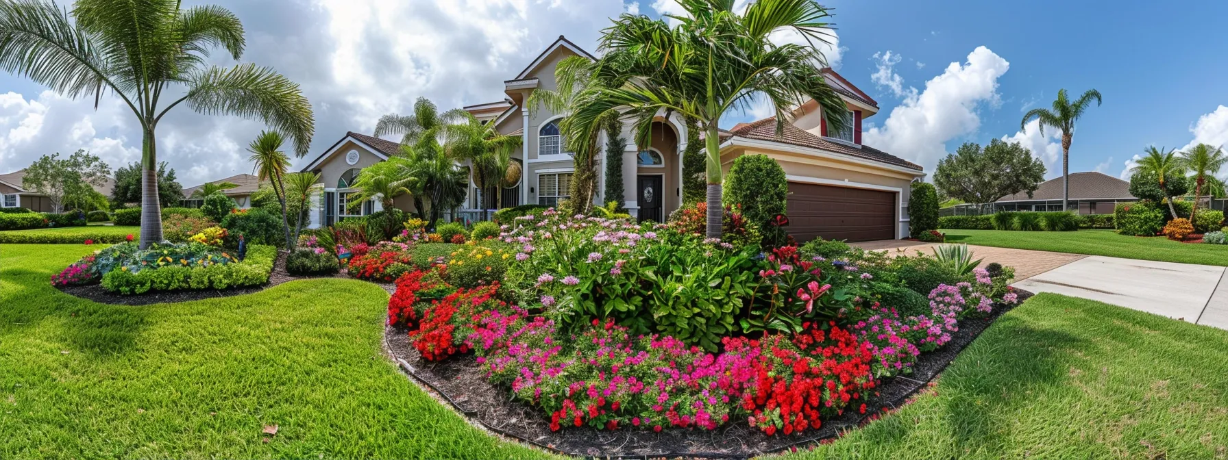 a stunning, professionally designed flower bed bursting with vibrant seasonal blooms in a meticulously landscaped front yard, showcasing the elegance and curb appeal of a st. cloud, florida home. a stunning, professionally designed flower bed bursting with vibrant seasonal blooms in a meticulously landscaped front yard, showcasing the elegance and curb appeal of a st. cloud, florida home.