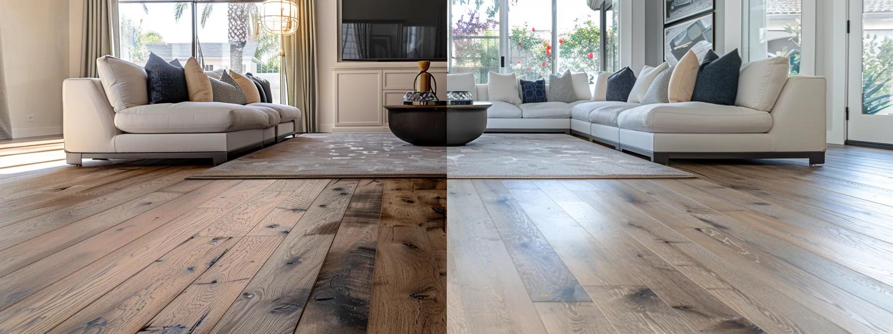 a stunning side-by-side comparison of a vibrant, newly installed louisiana season flooring contrasted with a worn, outdated floor in a stylish, modern interior setting that emphasizes aesthetic appeal and durability.