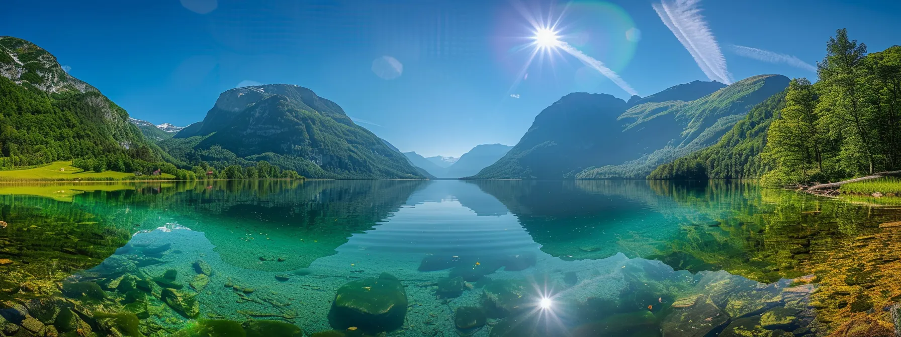 a stunning, sunlit landscape reveals a serene lake surrounded by towering emerald mountains, their reflections shimmering on the crystal-clear water beneath a vibrant blue sky.