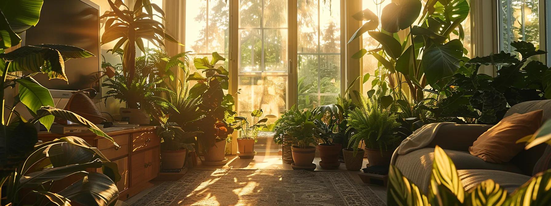 a stunning sunroom adorned with lush, vibrant plants basking in golden sunlight, showcasing a harmonious blend of natural beauty and elegant design for year-round enjoyment. a stunning sunroom adorned with lush, vibrant plants basking in golden sunlight, showcasing a harmonious blend of natural beauty and elegant design for year-round enjoyment.