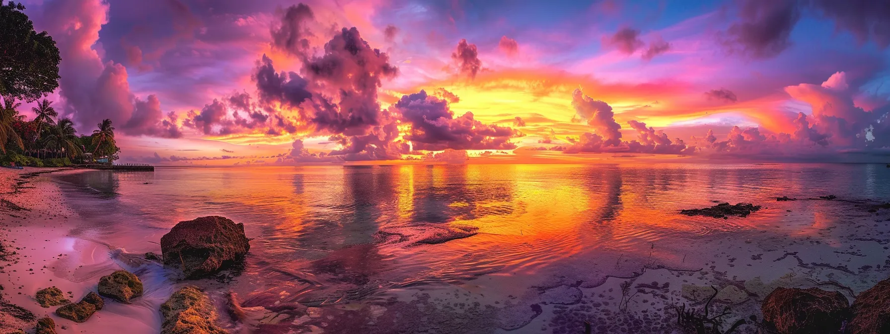 a stunning sunset casts a vibrant array of oranges and purples over a tranquil ocean, with gentle waves reflecting the colorful sky in a serene atmosphere.