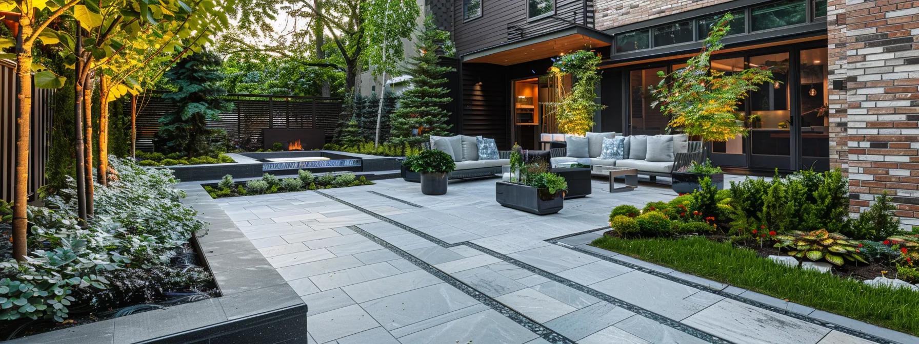 a stunning urban outdoor space showcases expertly designed hardscaping featuring elegant stone walkways and geometric patios, harmoniously blending with meticulously arranged planters to enhance the property’s overall curb appeal. a stunning urban outdoor space showcases expertly designed hardscaping featuring elegant stone walkways and geometric patios, harmoniously blending with meticulously arranged planters to enhance the property’s overall curb appeal.