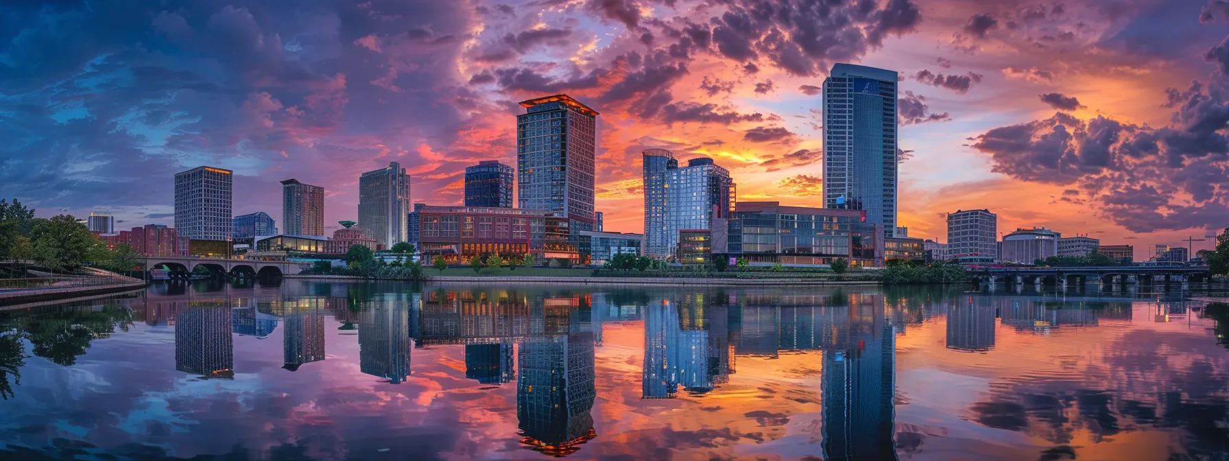 a stunning urban skyline at dusk, showcasing innovative architectural designs with sleek glass facades reflecting the vibrant colors of the sunset.