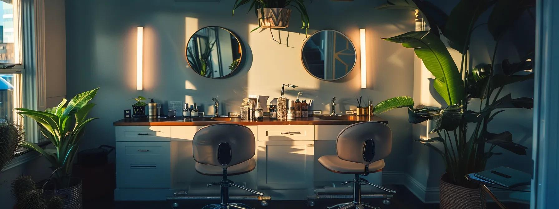 a stylish beauty salon interior in new york, featuring a chic eyelash lifting station with modern decor, soft ambient lighting, and an inviting atmosphere that reflects confidence and professionalism.