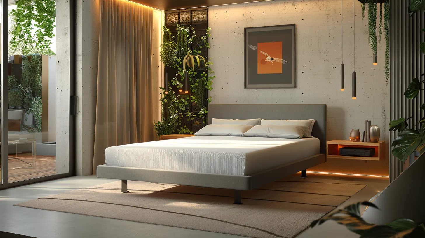 a stylish bedroom features a sleek eco mattress atop a modern bed frame, accented with iron touches and minimalist bedding that emphasizes sustainable design principles, all bathed in soft, ambient lighting to enhance the contemporary aesthetic. a stylish bedroom features a sleek eco mattress atop a modern bed frame, accented with iron touches and minimalist bedding that emphasizes sustainable design principles, all bathed in soft, ambient lighting to enhance the contemporary aesthetic.