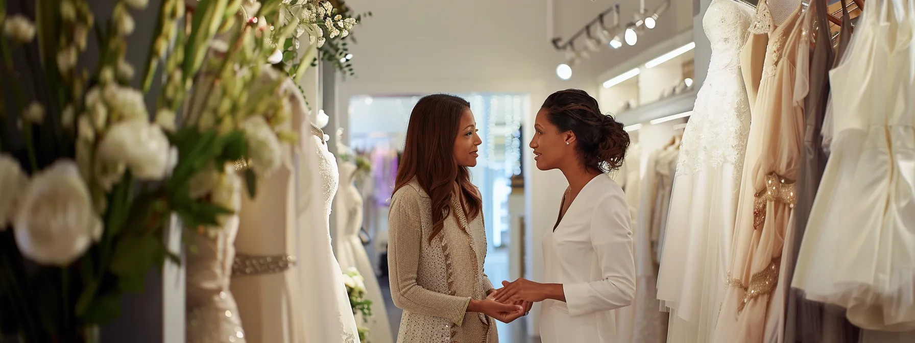 a stylish bridal appointment scene captures a bride-to-be in a chic, modern boutique, surrounded by elegant wedding dresses, intensely focused on her options while discussing her preferences with a knowledgeable consultant, all illuminated by soft, flattering lighting. a stylish bridal appointment scene captures a bride-to-be in a chic, modern boutique, surrounded by elegant wedding dresses, intensely focused on her options while discussing her preferences with a knowledgeable consultant, all illuminated by soft, flattering lighting.