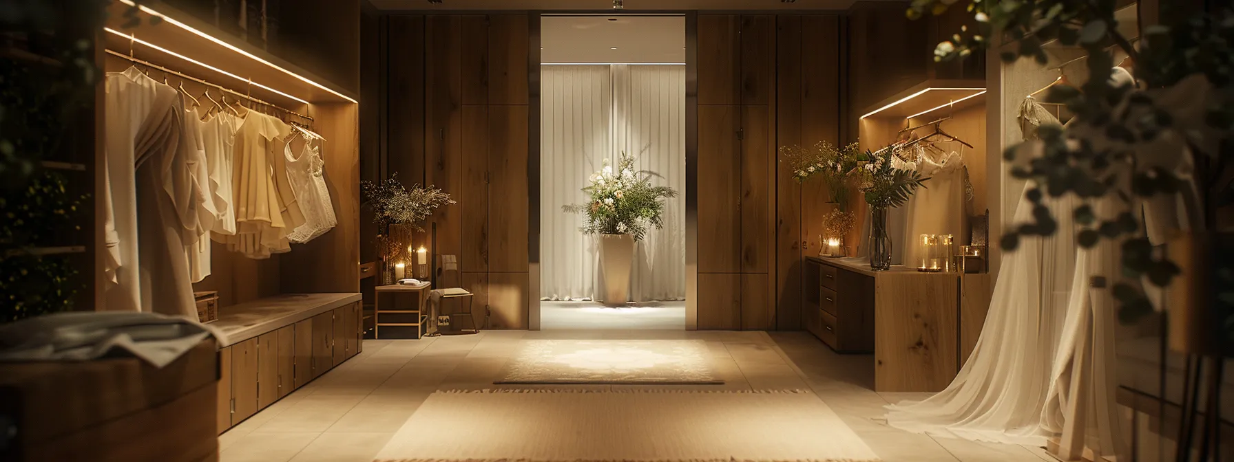 a stylish bridal appointment studio is filled with elegantly displayed wedding dresses, soft ambient lighting, and a serene atmosphere that invites a bride-to-be to explore her options with excitement and anticipation.