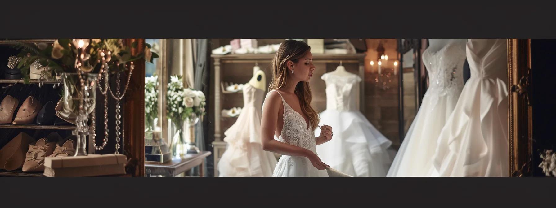 a stylish bridal fitting boutique, featuring an elegantly dressed bride in front of a large mirror, surrounded by intricately designed wedding gowns, as a skilled seamstress offers personalized alterations and expert suggestions in a warm, inviting atmosphere. a stylish bridal fitting boutique, featuring an elegantly dressed bride in front of a large mirror, surrounded by intricately designed wedding gowns, as a skilled seamstress offers personalized alterations and expert suggestions in a warm, inviting atmosphere.