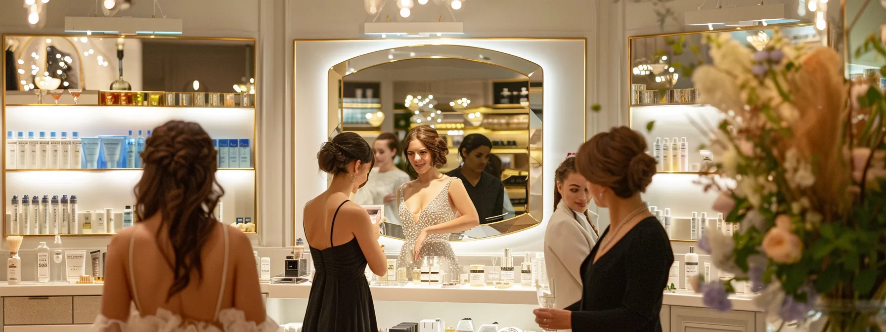 a stylish bridal fitting room, adorned with elegant mirrors and soft lighting, showcases a bride in a beautiful gown as she joyfully consults with her supportive friends, snacks and water bottles neatly arranged nearby for a seamless dress shopping experience. a stylish bridal fitting room, adorned with elegant mirrors and soft lighting, showcases a bride in a beautiful gown as she joyfully consults with her supportive friends, snacks and water bottles neatly arranged nearby for a seamless dress shopping experience.