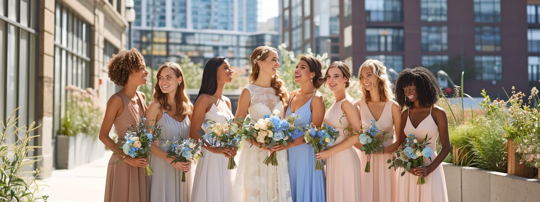 a stylish bridal party stands elegantly in a chic urban setting, showcasing a harmonious blend of bridesmaid dresses in coordinating colors and diverse cuts, exuding a sense of modern sophistication and personal flair. a stylish bridal party stands elegantly in a chic urban setting, showcasing a harmonious blend of bridesmaid dresses in coordinating colors and diverse cuts, exuding a sense of modern sophistication and personal flair.