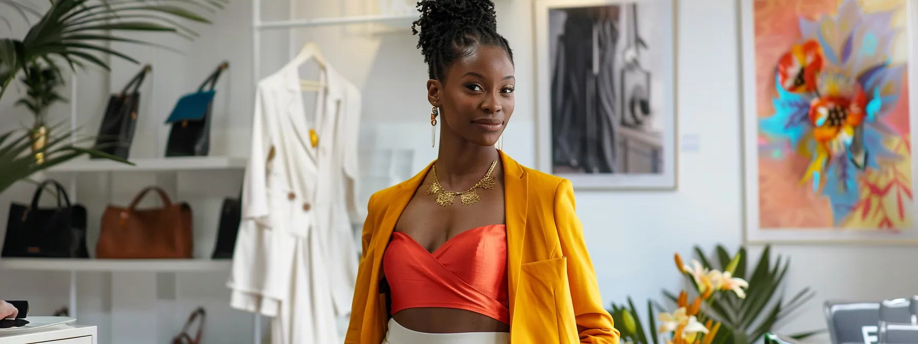 a stylish bride in a chic boutique showcases a modern separates ensemble, featuring a vibrant crop top and flowing skirt, accentuated by a tailored jacket and bold statement jewelry, all set against a sleek, contemporary shop interior with minimalist design elements. a stylish bride in a chic boutique showcases a modern separates ensemble, featuring a vibrant crop top and flowing skirt, accentuated by a tailored jacket and bold statement jewelry, all set against a sleek, contemporary shop interior with minimalist design elements.