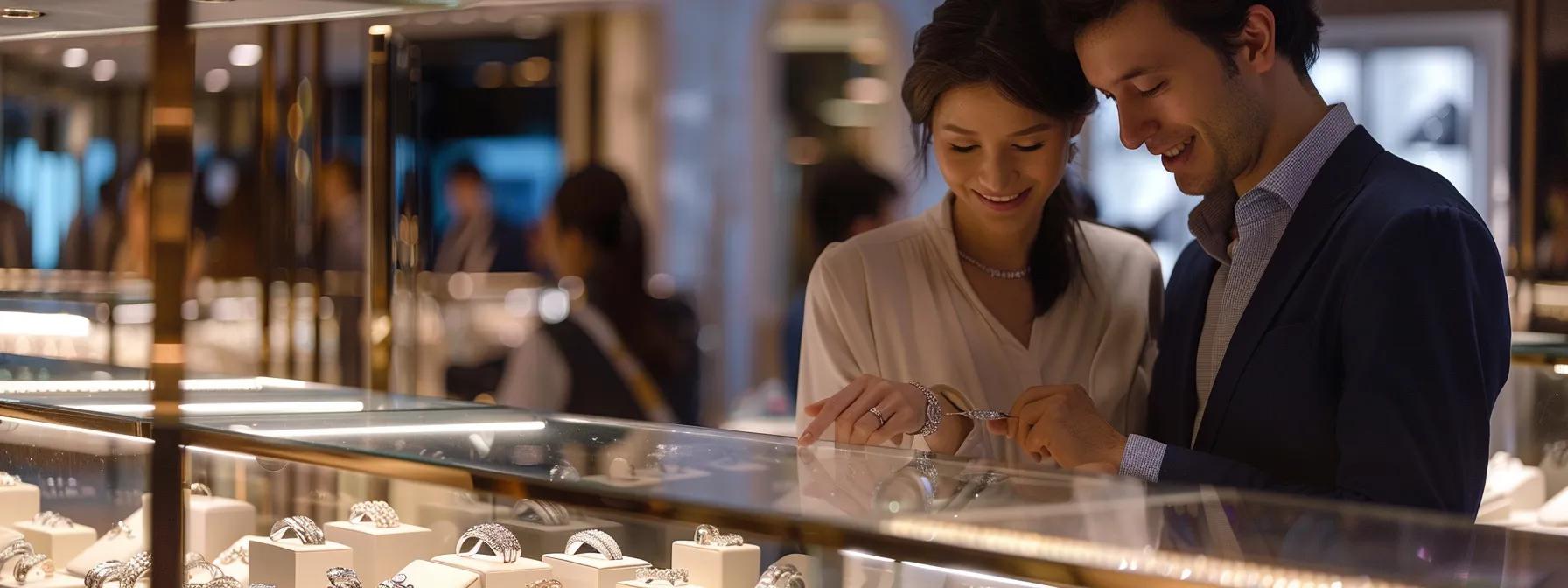 a stylish couple examines a selection of gleaming engagement and wedding bands inside a modern jewelry store, showcasing various metals like platinum and white gold under warm, inviting lighting in a sleek, elegant setting. a stylish couple examines a selection of gleaming engagement and wedding bands inside a modern jewelry store, showcasing various metals like platinum and white gold under warm, inviting lighting in a sleek, elegant setting.