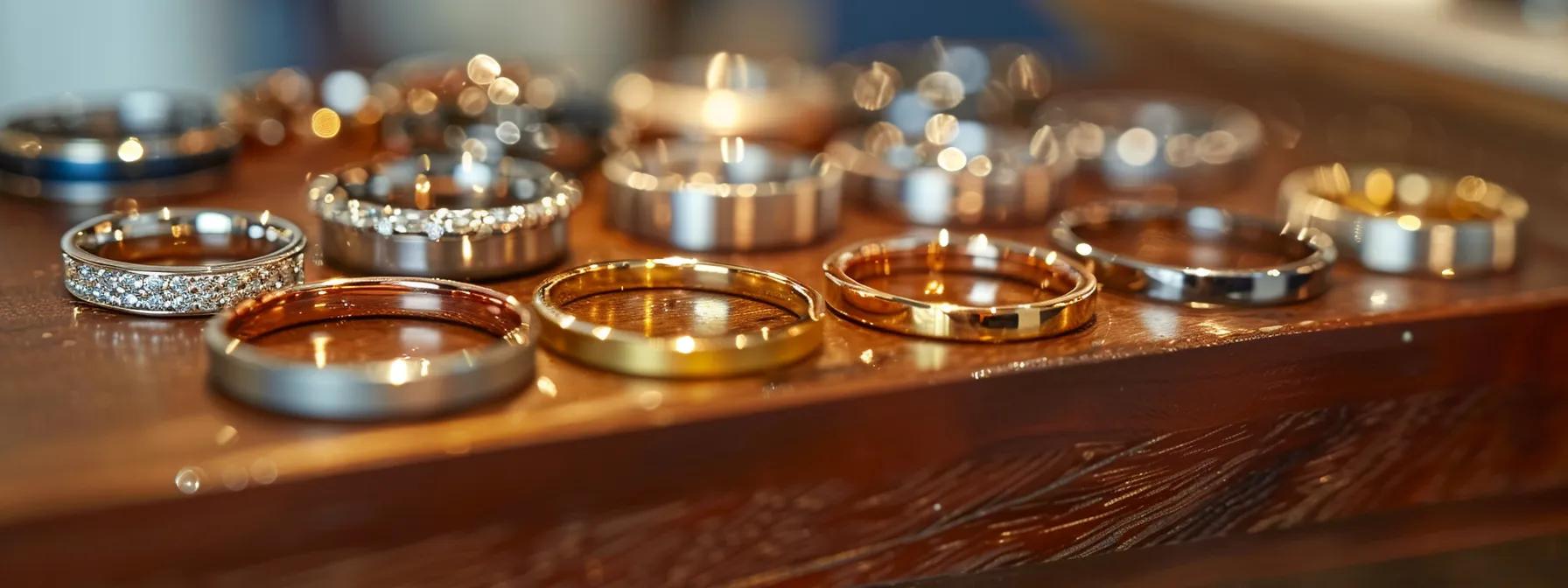 a stylish display featuring an array of men's wedding rings crafted from diverse materials like sleek titanium, warm yellow gold, and contemporary tungsten, arranged artfully on a polished mahogany surface in a modern, well-lit jewelry studio. a stylish display featuring an array of men's wedding rings crafted from diverse materials like sleek titanium, warm yellow gold, and contemporary tungsten, arranged artfully on a polished mahogany surface in a modern, well-lit jewelry studio.