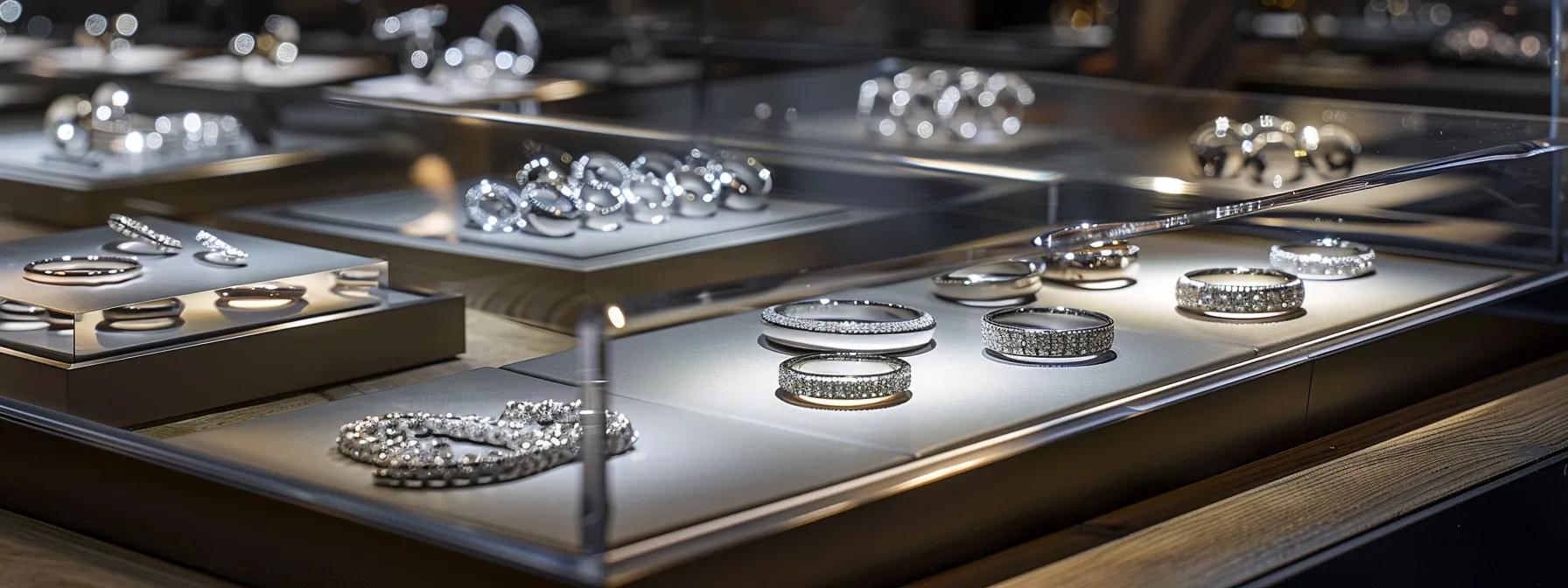 a stylish display of men’s silver rings in a sleek urban jewelry boutique, showcasing a range of classic and contemporary designs under soft, sophisticated lighting. a stylish display of men’s silver rings in a sleek urban jewelry boutique, showcasing a range of classic and contemporary designs under soft, sophisticated lighting.