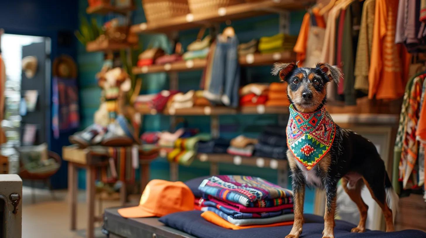 a stylish dog wearing a vibrant bandana stands confidently in a trendy urban pet boutique, surrounded by colorful merchandise that highlights the intersection of fashion and functionality for pets. a stylish dog wearing a vibrant bandana stands confidently in a trendy urban pet boutique, surrounded by colorful merchandise that highlights the intersection of fashion and functionality for pets.